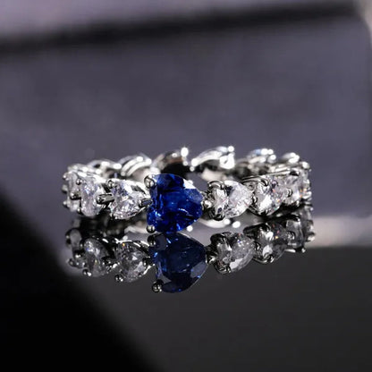 Light Luxury Silver Plated Heart Shaped Natural Blue Sapphire Ring for Women Bridal Wedding Engagement Anniversary Sparkling Lab Diamond Jewelry