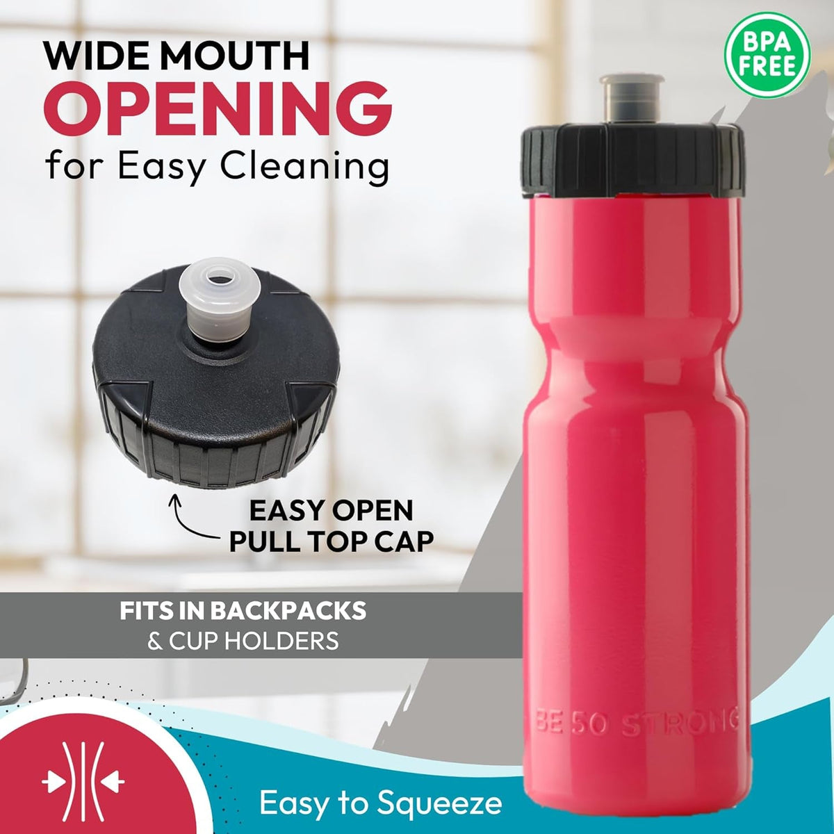 Sports Water Bottles – Reusable 22 Oz Bpa-Free Plastic Bottles with Pull Top Cap – Made in USA – Top Rack Dishwasher Safe – Fits Most Bike Cages Brand