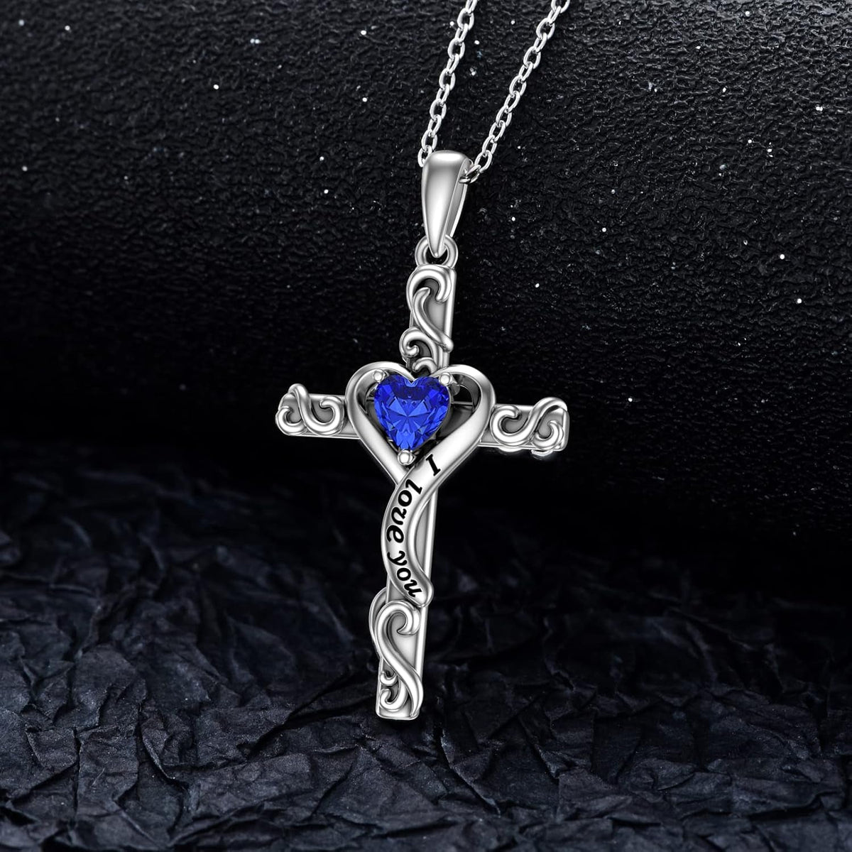 Birthstone Cross Necklace for Women 925 Sterling Silver Heart Cross Pendant Necklace I Love You Jewelry Anniversary Birthday Gifts for Her Mom