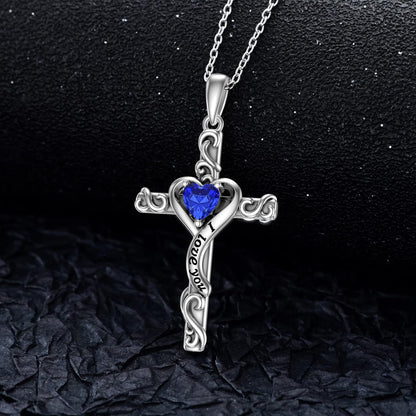 Birthstone Cross Necklace for Women 925 Sterling Silver Heart Cross Pendant Necklace I Love You Jewelry Anniversary Birthday Gifts for Her Mom