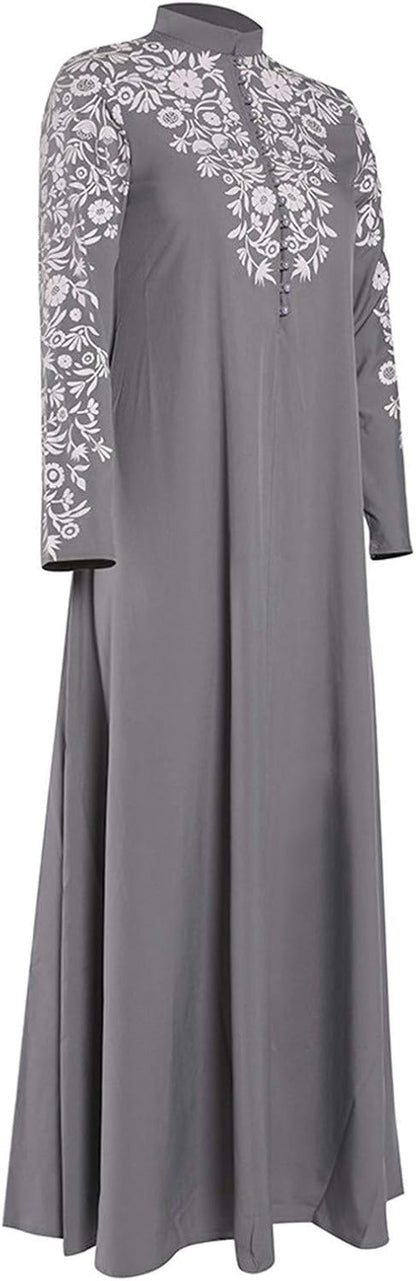 Abayas for Women Muslim Chiffon Prayer Robe Burkas for Women Muslim Dress Vintage Printed Full Length Islamic Abaya Set Long Sleeve Flowy Abaya Dubai Islam Robe African Turkey Caftan Grey 2X
