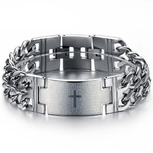 New Arrive Men's Fashion Jewelry Punk Rock Wide Silver 316L Stainless Steel Holy Bible Cross Link Chain Bracelet Bangle , Mens Gift BY EZMAX