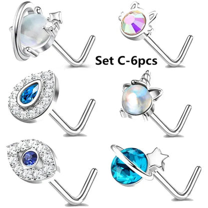 5/6Pcs 20G Nose Rings Stud L Shape Nose Rings Cubic Zirconia Butterfly Flower Eye Moon Heart Shape Nose Studs Piercing Jewelry for Women Men