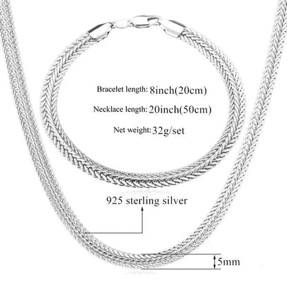 FASHION 925 Sterling Silver Men Party Jewelry Men's Foxtail Chain Necklace Bracelet Jewelry Set