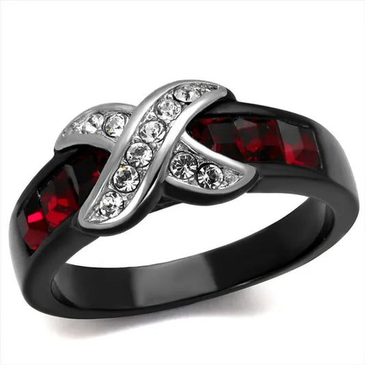 1.50 Ct Ruby Red & Clear Cz Black Stainless Steel Fashion Ring Women'S Size 5-10