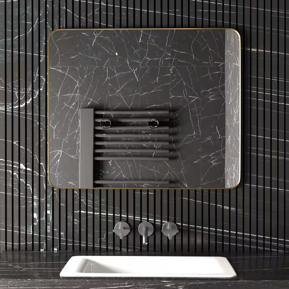 30 In. W X 36 In. H Rectangular Aluminum Framed Wall Mount Bathroom Vanity Mirror in Gold