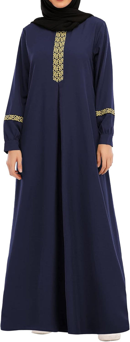 Womens Long Sleeve Ethnic Style Zipper Muslim Dresses Abaya with Hijabs