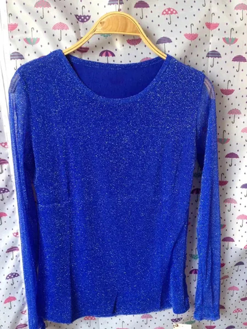 Korean new style sexy T-shirt Party Fashion New Wild Shiny Gold and Silver Mesh Yarn Round Neck Shirt Blouses
