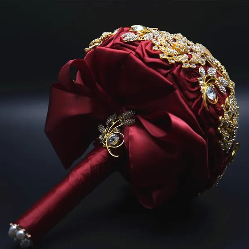 18CM Luxury Full Diamond Wedding Bouquet Shiny Crystal Brooch Bridal Bouquet Satin Ribbon Roses Wedding Flowers Bride Holding Flowers