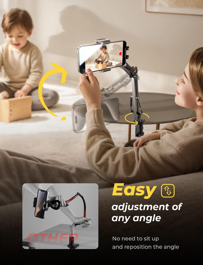 for Gooseneck Phone Holder for Bed Desk [3Rd Upgrade] Cell Phone Stand for Desk Bed Iphone Holder Laying Down,Flexible Arm Clamp Clip Phone Mount Stand for Filming Fits Iphone 15 Max,Silver