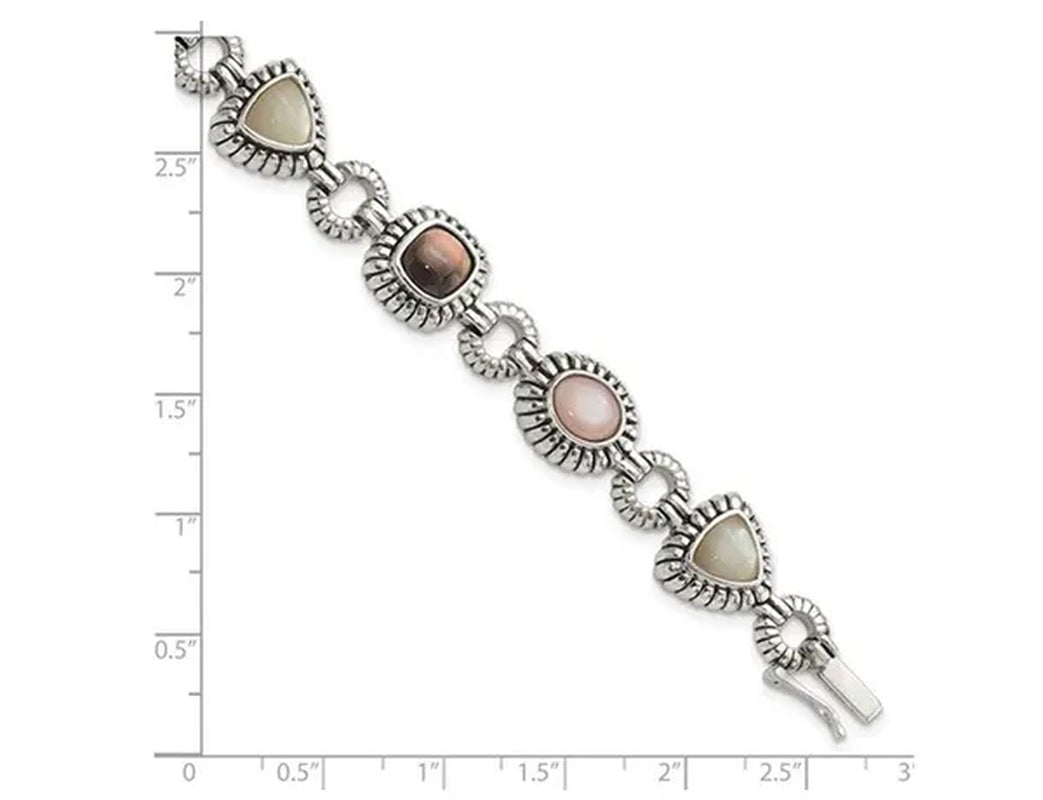 Pink, Black and White Mother of Pearl Bracelet in Sterling Silver (7.75 Inches)