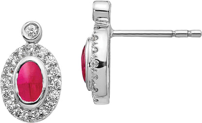 14K Solid White Gold Diamond Cabochon Red Ruby Stud Earrings Gemstone Post Push Back July Birthstone Jewelry