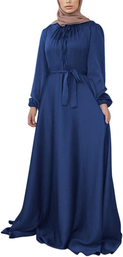 Women'S Muslim Kaftan Abaya Prayer Dress Long Sleeve Self Tie Maxi Dress Middle East Arabian Robe Gown