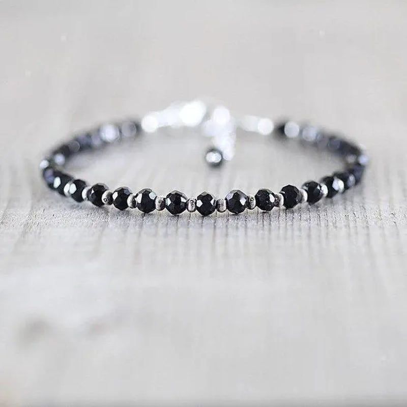 Black Spinel, Sterling & Karen Hill Tribe Silver Bracelet Boho Beaded Gemstone Bracelet Dainty Stacking Bracelet