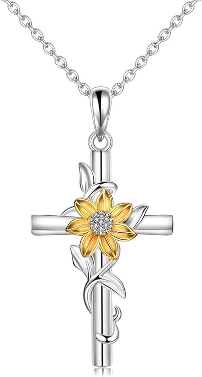 Cross Necklace for Women Sunflower Cross Necklace 925 Sterling Silver Dainty Sunshine Pendant for Women Mom Sunflower Gifts for Women