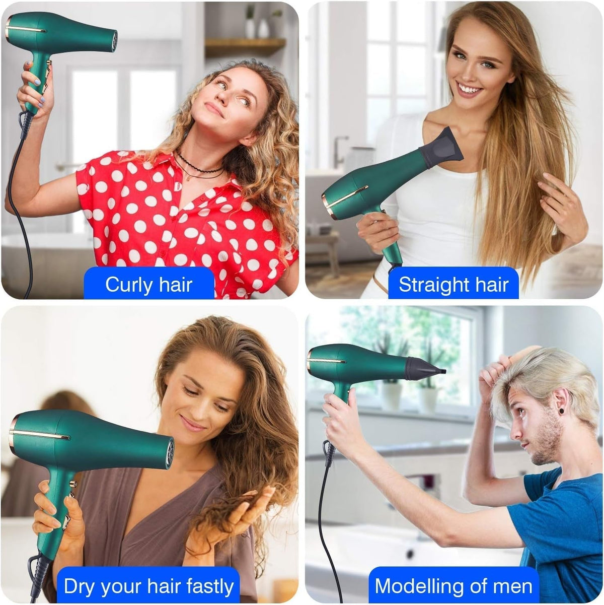 2000 Watt Negative Ionic Hair Dryer, Professional Salon Blow Dryer, Low Noise Fast Drying & Powerful AC Motor and Diffuser Comb for Men Women,3 Heat & 2 Speed Settings, Easy to Use- Green