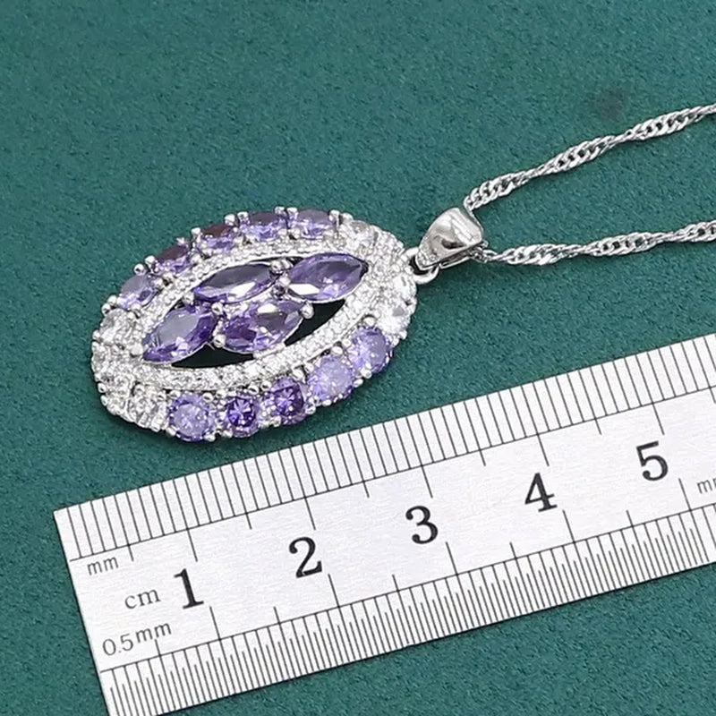 Luxurious Purple Amethyst 925 Sterling Silver Jewelry Set For Women Bracelet Earrings Necklace Pendant Ring Birthday Gift