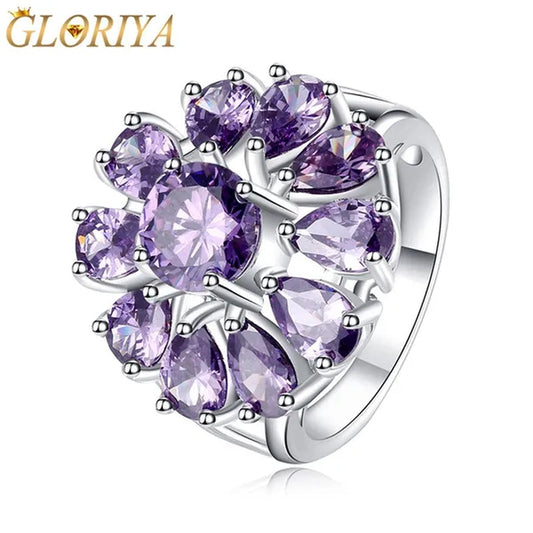 Gloriya Natural Mystic Purple Crystal Ring Cocktail Party Engagement Wedding Ring Silver Plated Jewelry Big Flower Fine Jewelry Women Ring Classic