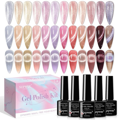 Magnetic Cat Eye Gel Nail Polish Set, 12 Colors 9D Cateye Nail Gel Polish Holographic Glitter Magnetic Gel Polish Soak Off Lamp Gel Nail Art Manicure Kit