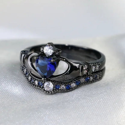 TWO Rings Couple Rings Sainless Steel Men's Ring Black Gold Filled Claddagh Ring Heart 1ct Sapphire Women's Wedding Ring Sets