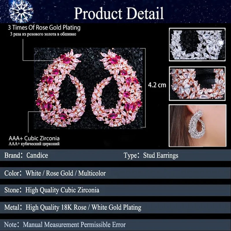 CANDICE Luxury 18K Rose Gold Plated Full Pave Multi Shape Rose Red And Pink Color CZ Zirconia Wedding Big Stud Earrings Romantic Party Jewelry for Brides