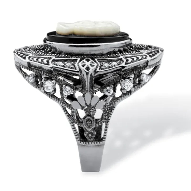 Onyx and Mother-of-Pearl Cameo and Cubic Zirconia Cocktail Ring in Black Rhodium-Plated