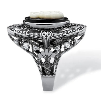 Onyx and Mother-of-Pearl Cameo and Cubic Zirconia Cocktail Ring in Black Rhodium-Plated