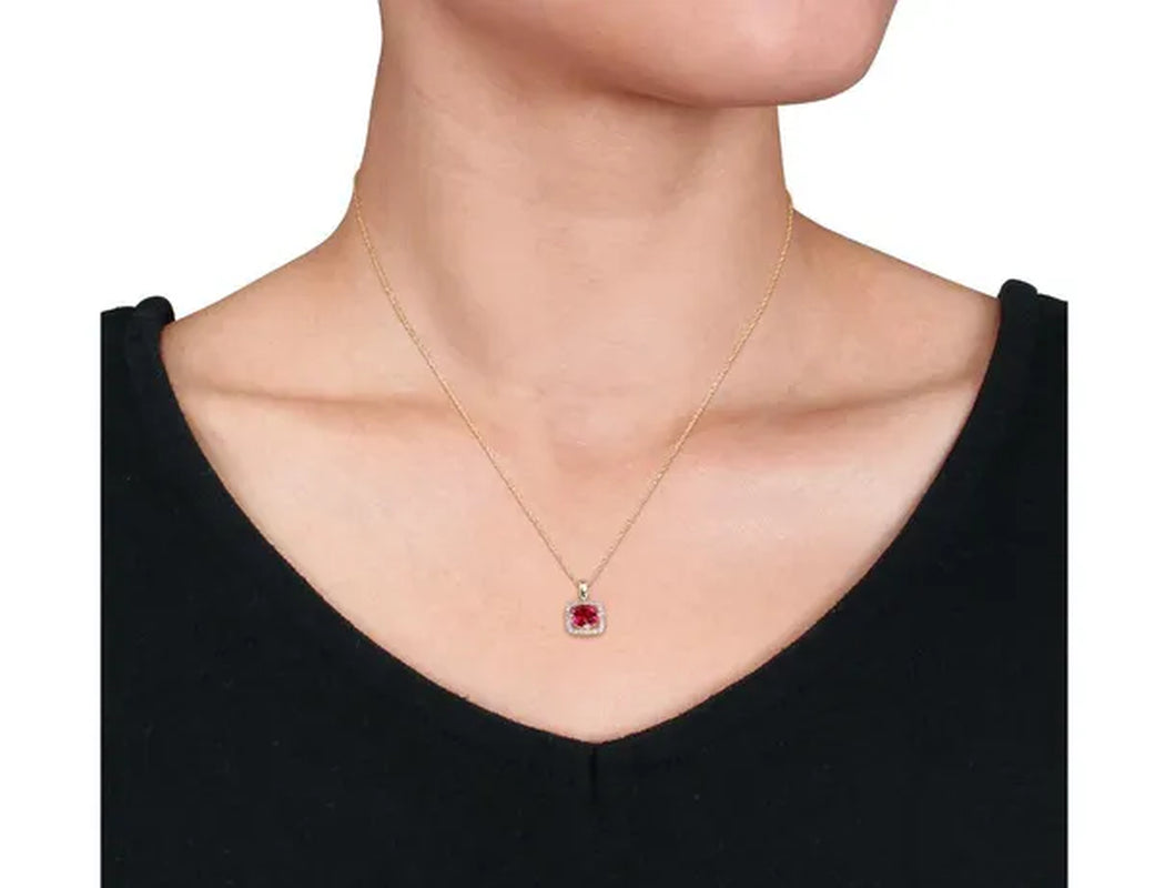 1.00 Carat (ctw) Lab Created Ruby Solitaire Pendant Necklace in 10K Yellow Gold with Diamonds 1/10 (ctw I2-I3) and Chain