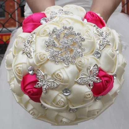 18CM Stunning Red Butterfly Diamond Flowers Brooch Stitch Wedding Bouquet Mariage Polyester Bride Holding Flowers Ribbon Bridesmaid Bouquet