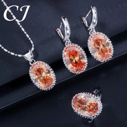 CANDICE Elegant Engagement Accessories Big Oval Cut CZ Stone Silver Necklace Earrings Ring For Bridal Wedding Bling Jewelry Set (US 6-9)