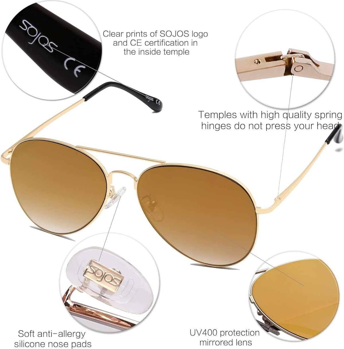 Classic Aviator Sunglasses for Women Men Metal Spring Hinges SJ1030