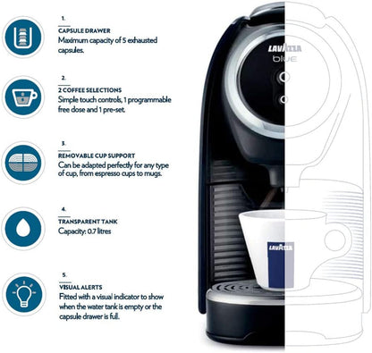 BLUE Classy Mini Single Serve Espresso Coffee Machine LB 300, 5.3" X 13" X 10.2" 2 Coffee Selections: Simple Touch Controls, 1 Programmable Free Dose and 1 Pre-Set