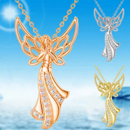 Exquisite Fashion Creative Women Angel Wings Diamond Necklace Holy Faith Angel Princess Pendant Engagement Necklace Women Diamond Jewelry Birthday Party Anniversary Gift Christmas Gift Jewelry Necklace