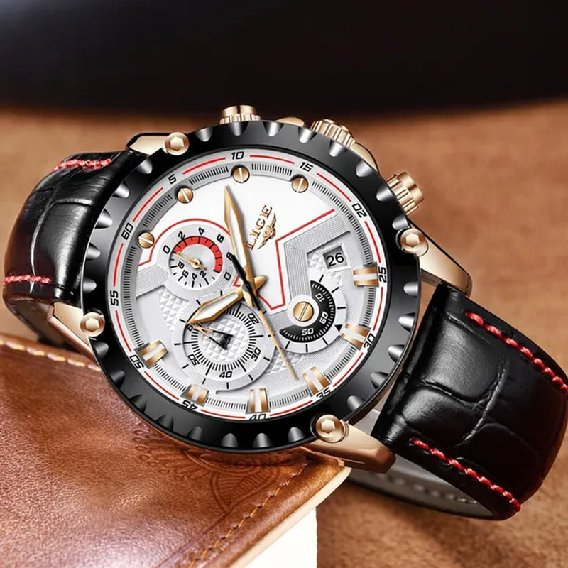 LIGE Mens Watches Top Brand Luxury Quartz Gold Watch Men Casual Leather Military Waterproof Sport Wrist Watch Male Fashion Clock