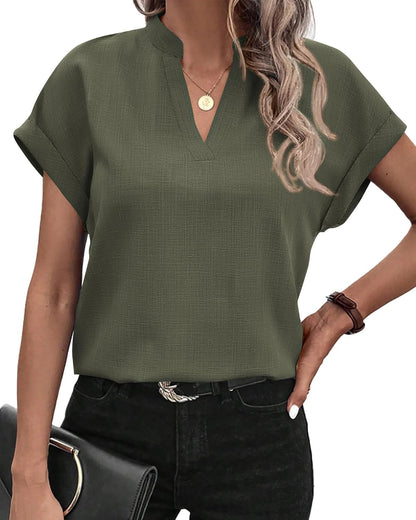 Womens Summer Tops 2025 V Neck Short Sleeve Tshirt Loose Flowy Tunics Solid Color Dressy Casual Blouse Shirts