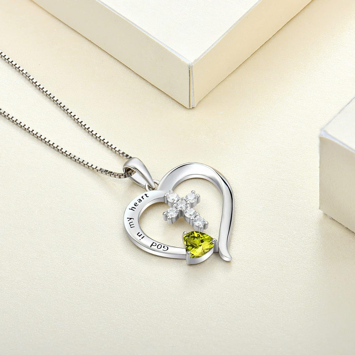 Women'S Heart Cross Necklace 925 Sterling Silver Birthstone Pendant God in My Heart Jewelry
