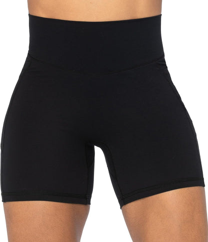 No Front Seam Biker Shorts for Women with Pockets, Yoga Workout Gym Bike Shorts with Tummy Control