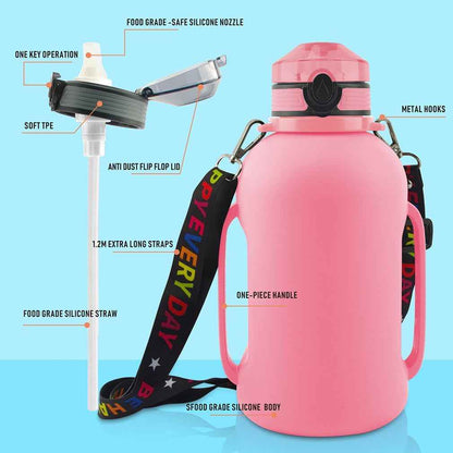 68 Oz Collapsible Silicone Water Bottles with Straw for Traveling/Running, Half Gallon Motivational Water Bottle Jug with Time Marker (Flamingo Pink)