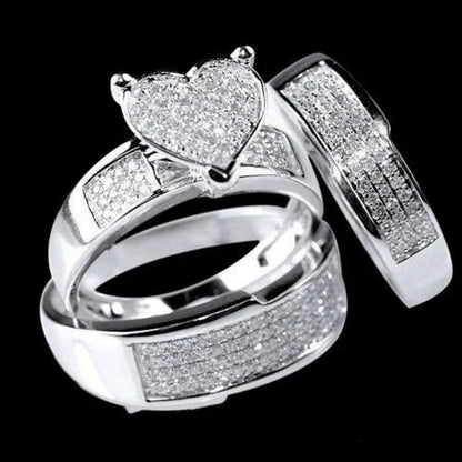 3 pieces / set of super beautiful heart-shaped ring jewelry exquisite women's 925 sterling silver filled natural white sapphire gemstone diamond ring set anniversary gift bride engagement wedding ring jewelry set