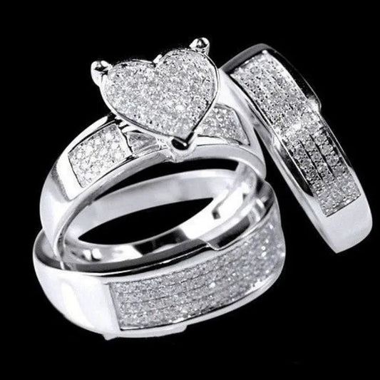3 pieces / set of super beautiful heart-shaped ring jewelry exquisite women's 925 sterling silver filled natural white sapphire gemstone diamond ring set anniversary gift bride engagement wedding ring jewelry set