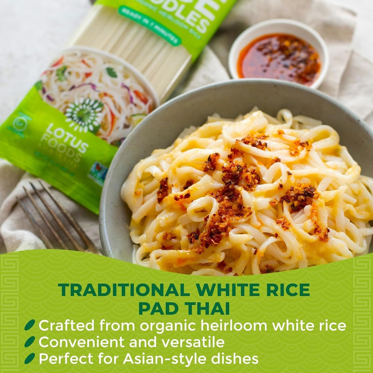 Traditional Pad Thai Rice Noodles - Pad Thai Noodles, Asian Noodles, Gluten Free Noodles, Rice Noodles, Whole Grain, Non GMO, USDA Organic - 8 Oz (Pack of 3)