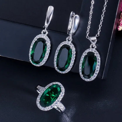 Gloriya Brand 925 Sterling Silver Bright Oval Yellow Topaz Crystal with White CZ Pendant Necklace Earrings and Ring Set for Women Gorgeous Cocktail Party Jewelry Sets
