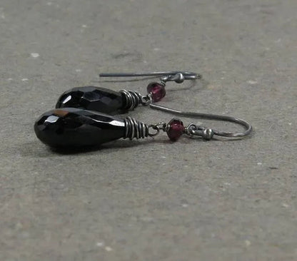 Black Spinel Earrings Pink Tourmaline Long  Earrings