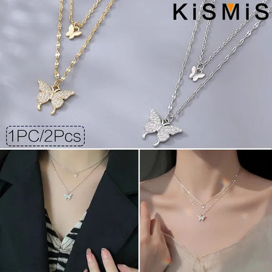 KISMIS 1 Pc/2 Pcs Exquisite and Creative Women's Diamond Necklace Butterfly Double Layer Necklace Shiny Diamond Ladies Clavicle Chain Elegant Charm Wedding Pendant Jewelry