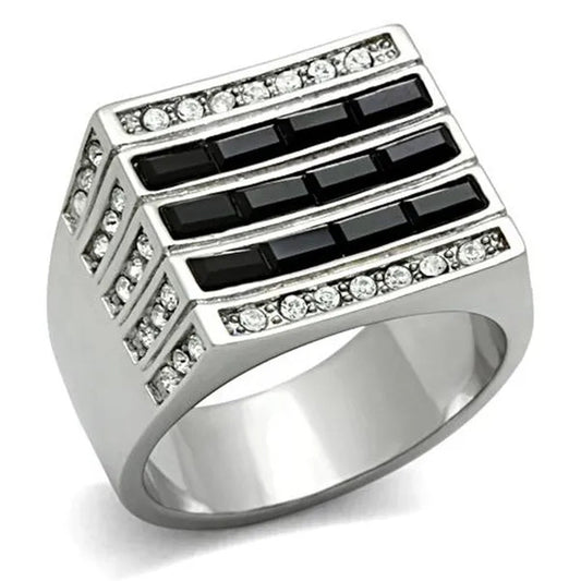 Men's 3.5 Ct Black & Clear Faux Diamond Silver Stainless Steel Ring Sizes 8-13