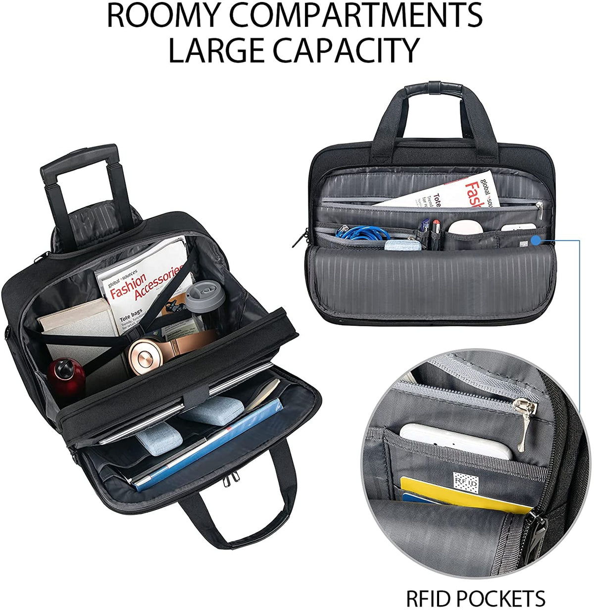 17.3 Inch Rolling Laptop Bag, Waterproof Overnight Rolling Bags, Laptop Bags for Travel/Work/Business, Stylish Carry on Briefcase, Black