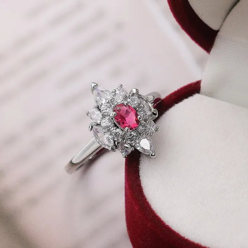 Luxury Noble Silver Plated 4 Prong Oval Cut Ruby Inlay Irregular White Sapphire Ring for Women Engagement Party Wedding Jewelry