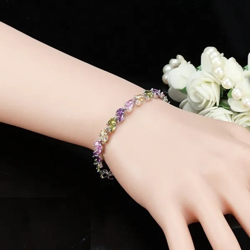 CANDICE 100% Real Silver Female Jewelry Simple Leaf Shape Multicolor Cubic Zirconia Strand Bracelet For Lady