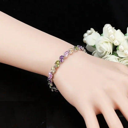 CANDICE 100% Real Silver Female Jewelry Simple Leaf Shape Multicolor Cubic Zirconia Strand Bracelet For Lady
