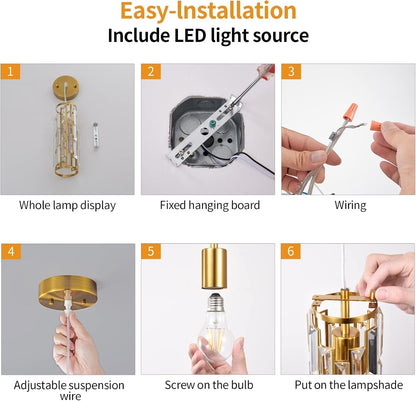 Pendant Lighting Modern Pendant Light, Mini Crystal Chandeliers,Adjustable Pendant Light Fixture for Kitchen Island Dinning Room Bedroom (Gold, 1-Light)